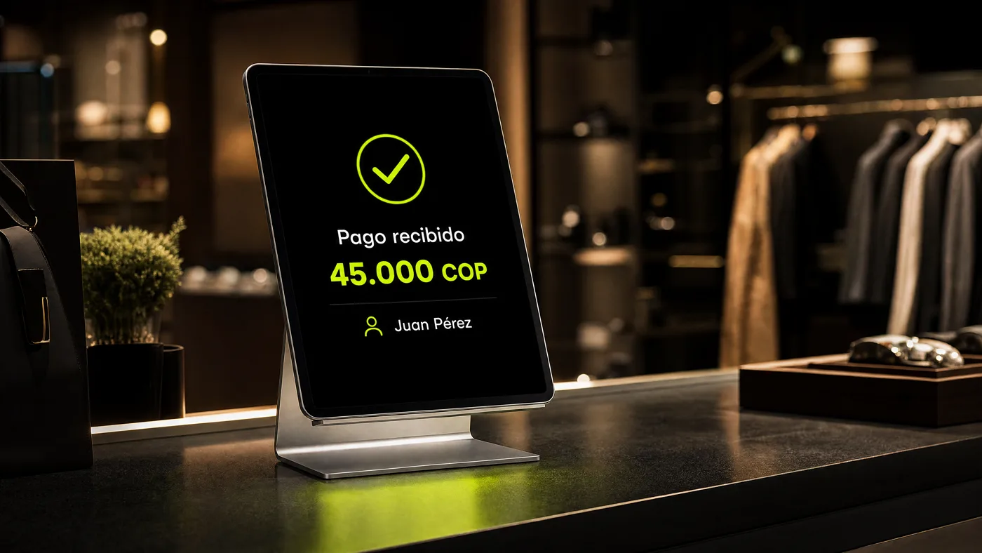 Tablet en un mostrador mostrando un pago recibido de 45.000 COP